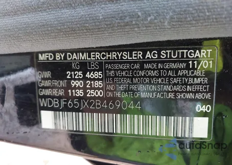 2002 Mercedes-Benz E 320 Special Edition z USA, uszkodzony, nr VIN WDBJF65JX2B469044